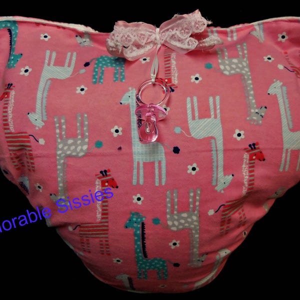 ABDL Waddle diaper  Spread Diaper in pink giraffe flannel print.  Cute, soft and cuddly for any adult baby to show off to anyone's mommy.