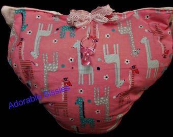 ABDL Waddle diaper  Spread Diaper in pink giraffe flannel print.  Cute, soft and cuddly for any adult baby to show off to anyone's mommy.