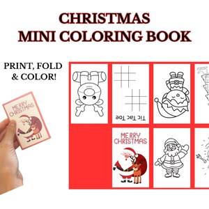 Könnte beinhalten: Ein Mini-Malbuch für Weihnachten mit dem Text "CHRISTMAS MINI COLORING BOOK" oben. Das Bild zeigt eine Hand, die eine kleine Karte mit einer Weihnachtsmann-Illustration und den Worten "Merry Christmas" hält. Das Malbuch enthält verschiedene weihnachtliche Zeichnungen.