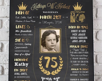 75th Birthday Poster, 75th Birthday Gift, 75th Birthday Decoration, Adult Birthday Chalkboard, 75th Birthday Chalkboard Sign, 1943 flashback