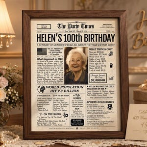 100th Birthday Newspaper Poster | 1926 Personalized Gift | Printed or Digital image 1