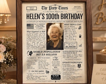 100th Birthday Newspaper Poster | 1926 Personalized Gift | Printed or Digital