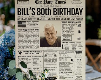 80th Birthday Newspaper Poster | Personalized Gift for Grandpa or Grandma | Printed or Digital
