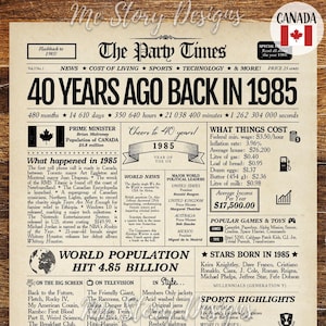 Nel 1985 CANADA, regalo per il 40° compleanno, cartello sul giornale per uomini o donne, edizione canadese, regalo per il 40° anniversario, 40 anni fa nel 1985