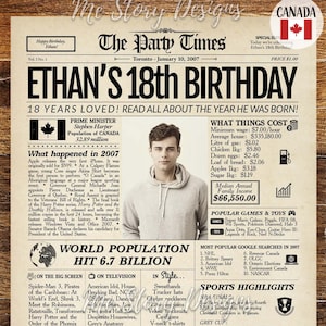 Póster de periódico para el 18.º cumpleaños (2007, Canadá) / Regalo para el 18.º cumpleaños de niñas o niños / Decoración para el 18.º cumpleaños