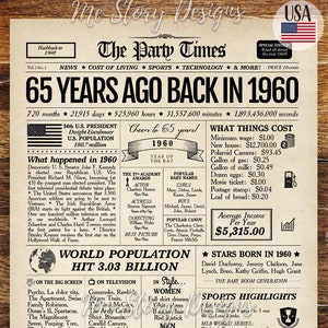 Back in 1960, 65. Geburtstag Zeitungsschild, 65 Jahre Jubiläumsschild, 1960 Geburtstag Poster, vor 65 Jahren 1960, Geschenk zum 65. Geburtstag