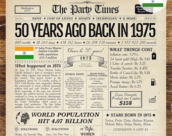 1975 INDIA 50th Birthday Newspaper INDIAN | 50th Anniversary Gift | India decor | Indian Birthday Poster | 50 Years Ago Back in 1975