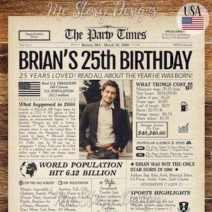 Regalo per il 25° compleanno per lei o per lui / Cartello del giornale per il 25° compleanno / Nel 2000 / Decorazioni per il 25° compleanno