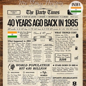 1985 INDIA 40th Birthday Newspaper INDIAN | Prezent na 40. rocznicę | Wystrój Indii | Plakat urodzinowy w Indiach | 40 lat temu w 1985 r.