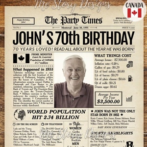 Afiche de periódico del 70.° cumpleaños de 1955, Canadá, regalo del 70.° cumpleaños para hombres o mujeres, letrero personalizado del 70.° cumpleaños, 1955, aspectos destacados de Canadá