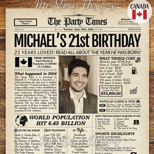 Cadeau pour son 21e anniversaire | Affiche de journal du 21e anniversaire 2004 CANADA | Plaque personnalisée 21e anniversaire 2004 Faits saillants canadiens