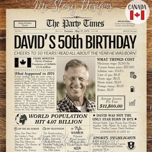 50th Birthday Gift 1975 Newspaper Poster CANADA for Men or Women | Personalized 50th Birthday Sign | 1975 Canadian Highlights