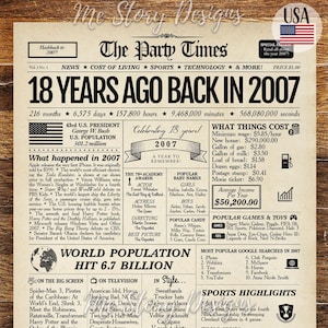 Cartel de periódico para el 18.° cumpleaños de 2007, regalo para el 18.° cumpleaños de niños y niñas, qué sucedió en 2007, póster de hace 18 años en 2007
