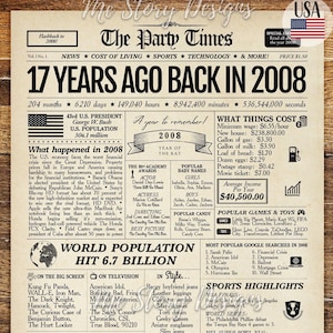 2008 Year in Review Newspaper Sign | 17th Birthday Gift for Girls and Boys | 17th Anniversary Gift
