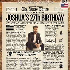 27th Birthday Newspaper Poster Sign Back in 1998, Personalized Birthday Sign, Gift for her, Gift for him, Birthday Party Decoration