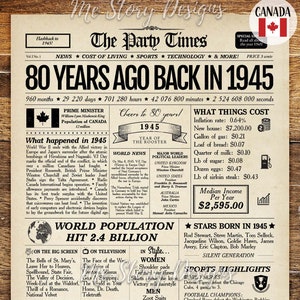 Regalo de 80 cumpleaños para hombres o mujeres, en 1945, Canadá, cartel de periódico de 80 cumpleaños, póster de cumpleaños de 1945, decoración de 80 cumpleaños