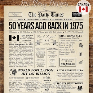 Retour en 1975 CANADA, cadeau 50e anniversaire, panneau de journal pour homme ou femme canadien, affiche d'anniversaire 1975, cadeau 50e anniversaire
