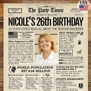 26th Birthday Newspaper Poster Sign Back in 1999 | Personalized Birthday Sign| Gift for her | Gift for him | Birthday Party Decoration
