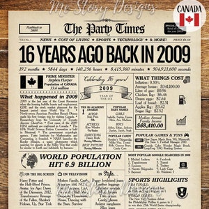 Back in 2009 CANADA | 16th Birthday Newspaper Sign Canadian | 16th Birthday Gift | 2009 Birthday Poster