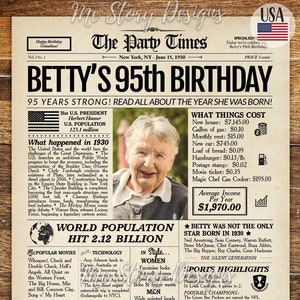95th Birthday Gift | 1930 Newspaper Poster Sign | 1930 Birthday | 95 Years Ago Back in 1930 Highlights
