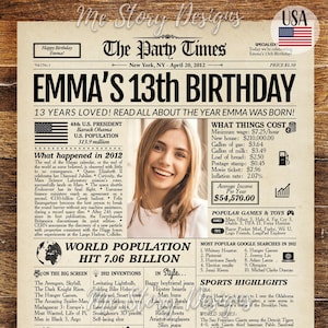 13th Birthday Gift for Girls and Boys | Personalized Newspaper Poster Sign | Back to the Best of 2012