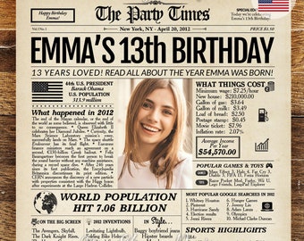 13th Birthday Gift for Girls and Boys | Personalized Newspaper Poster Sign | Back to the Best of 2012