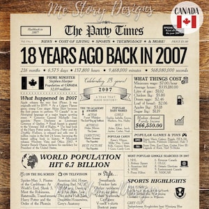 Torna nel 2007 CANADA / 18° regalo di compleanno cartello del giornale canadese / 18° regalo di compleanno / poster di compleanno 2007