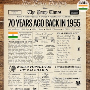 1955 INDIA Krant 70e verjaardag INDIA | Cadeau 70e verjaardag | Indiaas decor | Indiase verjaardagsposter | 70 jaar geleden, in 1955