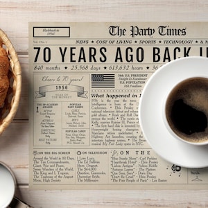70th Birthday Newspaper Placemat 1956 Party Decor | Digital or Printed