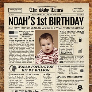 Letrero de periódico para el primer cumpleaños / Cápsula del tiempo personalizada / Regalo personalizado para el primer cumpleaños / Idea para el primer cumpleaños / Regreso a los momentos destacados de 2024