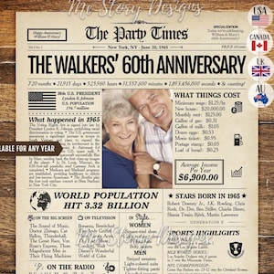 60th Anniversary Gift for Parents, 60th Wedding Anniversary Gift, Back in 1965 Newspaper Poster Sign, Diamond Anniversary
