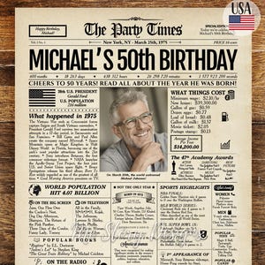 Afiche de periódico para el 50.° cumpleaños, regalo para el 50.° cumpleaños para él o para ella, decoraciones para el 50.° cumpleaños, regalos para hombres, regalos para mujeres, en 1975