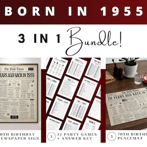 70e anniversaire Né en 1955, lot 3 en 1, affiche du 70e anniversaire, napperon de journal, 22 jeux d'anniversaire, articles à imprimer pour la fête du 70e anniversaire