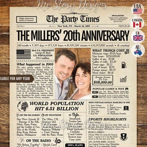 Presente de 20º aniversário, em 2005 Cartaz de jornal, presente de 20º aniversário de casamento para casal, destaques de 2005