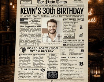 30th Birthday Gift Newspaper Poster | Back in 1996 Sign | Digital or Printed