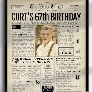 67th Birthday Newspaper Poster | 67th Birthday Gift for Him or Her | 67th Birthday Decoration Ideas | Back in 1958 Highlights