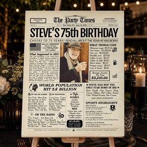 Placa de jornal personalizada para aniversário de 75 anos | Presente para homens ou mulheres | Impressa ou digital