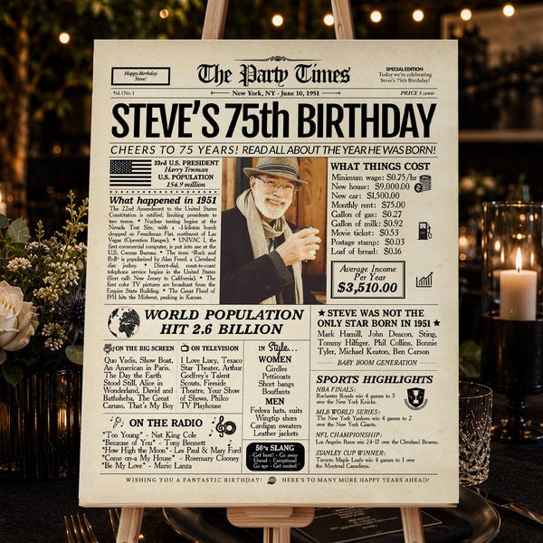 Personalized 75th Birthday Newspaper Sign | Gift for Men or Women | Printed or Digital