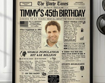 45th Birthday Newspaper Poster | Personalized 1981 Sign | Printed or Digital