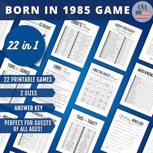 Giochi per il 40° compleanno, GIOCO nato nel 1985, Gioco a quiz del 1985, Quiz del 1985, 22 in 1 PACCHETTO, Torna nel 1985 STAMPABILE