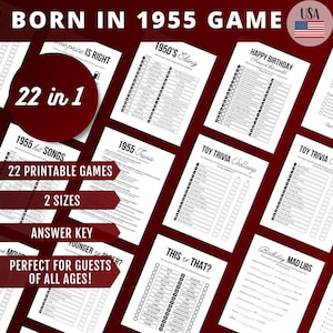 70er Jahre Geburtstagsspiele, Geboren im Jahr 1955 SPIEL, 1955 Trivia Spiel, 1955 Quiz, 22 in 1 BUNDLE, Zurück im Jahr 1955 DRUCKBAR
