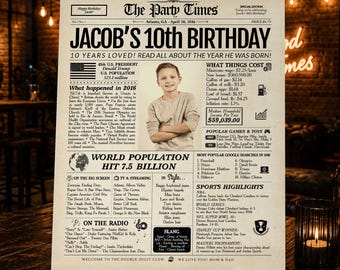 Affiche de journal pour le 10e anniversaire 2016 | Cadeau personnalisé pour garçon et fille | Imprimé ou numérique