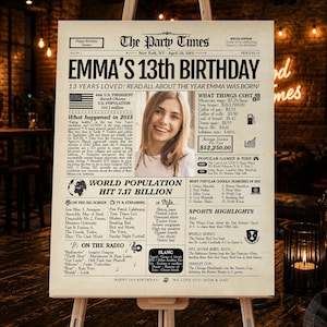 May include: A rectangular poster titled The Party Times, featuring a portrait of a young person and text detailing facts from 2013, including Emma's 13th Birthday, US population, cost of living, popular movies, music, and sports highlights from that year.