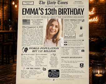 13th Birthday Gift Newspaper Poster | Personalized Back In 2013 Sign | Digital or Printed