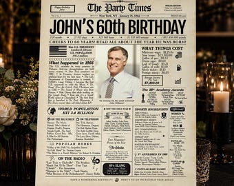 Puede incluir: Un póster con estilo de periódico antiguo titulado The Party Times, que celebra el 60 cumpleaños de John. Incluye un retrato central de un hombre, hechos históricos de 1966, datos sobre el coste de la vida y referencias culturales sobre un fondo beige.