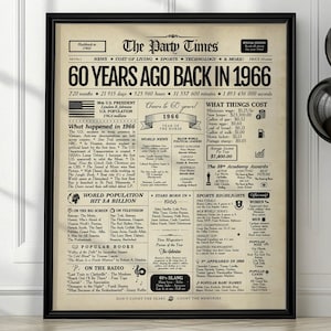 60th Birthday Gift Newspaper Sign 1966 Year in Review | Digital or Printed