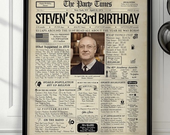 Póster de periódico para regalo de 53 cumpleaños / Letrero personalizado "De vuelta en 1973" / Digital o impreso