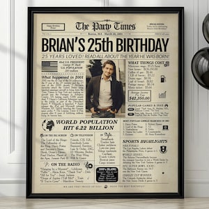 25th Birthday Gift Newspaper Poster| Back in 2001 Sign | Printed or Digital image 1