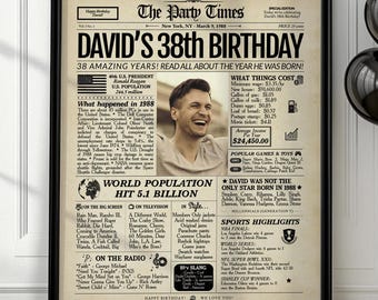 38th Birthday Gift Newspaper Poster | Personalized Back In 1988 Sign | Digital or Printed