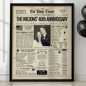 May include: A framed newspaper-style poster titled The Party Times, dated January 21, 1986, featuring a black and white photograph of a couple, historical facts, pop culture trivia, and the headline The Wilsons' 40th Anniversary in black text.